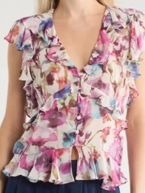 Jason Wu Floral Ruffle Button-Front Blouse in Multicolor Pinks & Blues